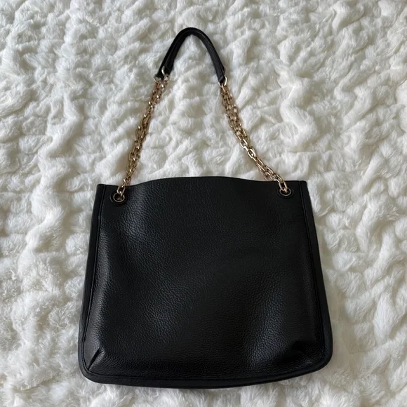Tory Burch Black Pebbled Leather Tote with Gold Logo & Chain Straps - Picture 2 of 9